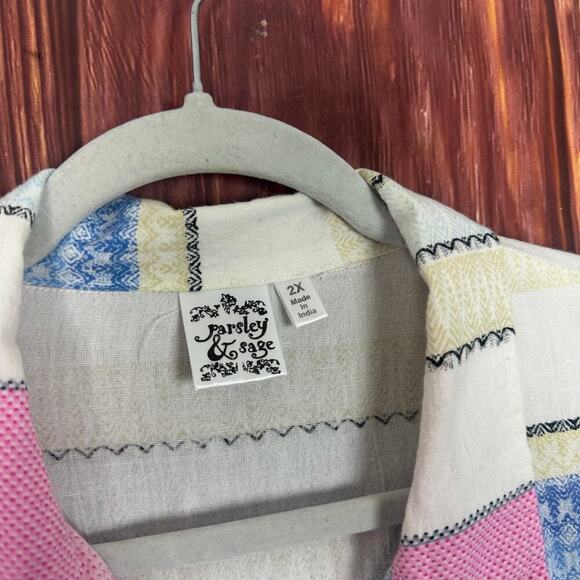 Parsley & Sage Womens Button Down Top Striped Lagenlook Blue Pink Plus Size 2X - Picture 5 of 6